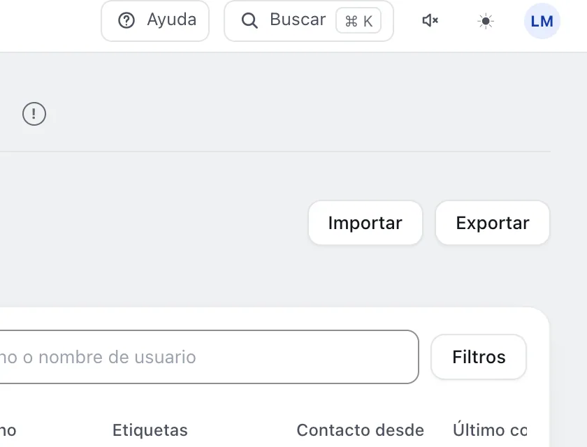 Pantalla «Contactos». Señalado con el número 1: el botón «Importar».