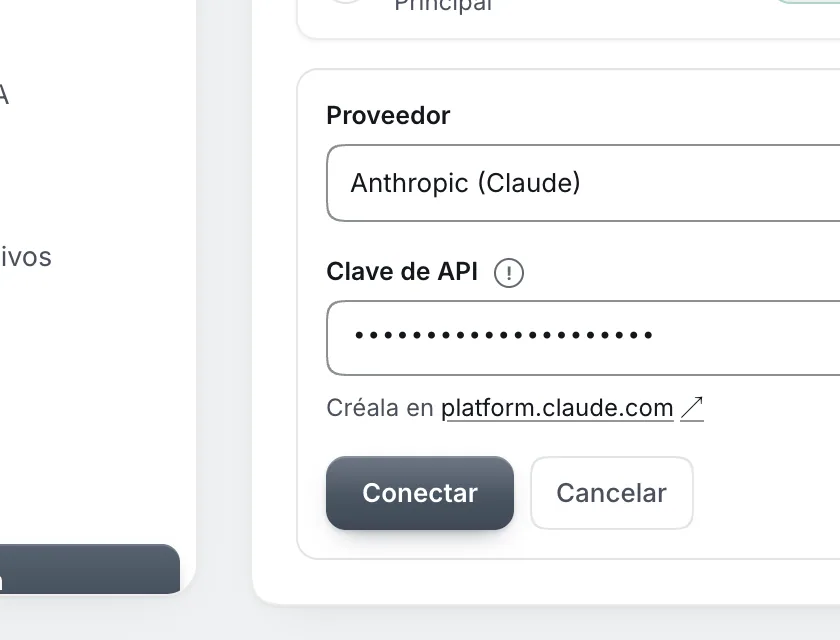 Pantalla «Configuración → Inteligencia artificial». Señalado con el número 4: el botón «Conectar».