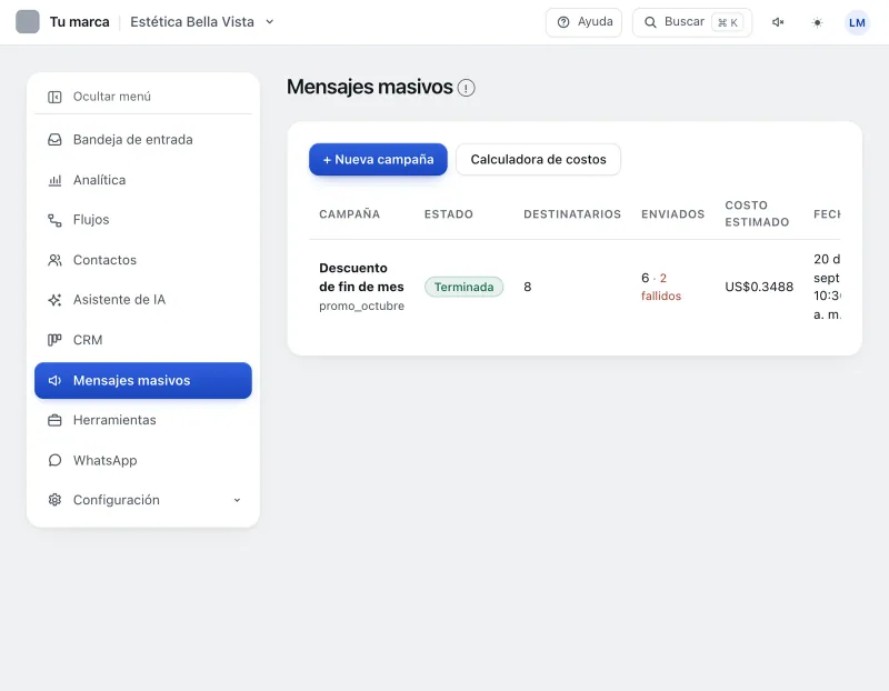 Pantalla «Mensajes masivos». Señalado con el número 1: la campaña «Descuento de fin de mes».