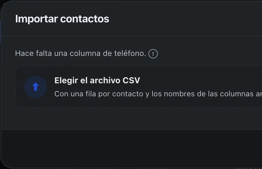 Ventana «Importar contactos». Señalado con el número 2: el botón para elegir el archivo.