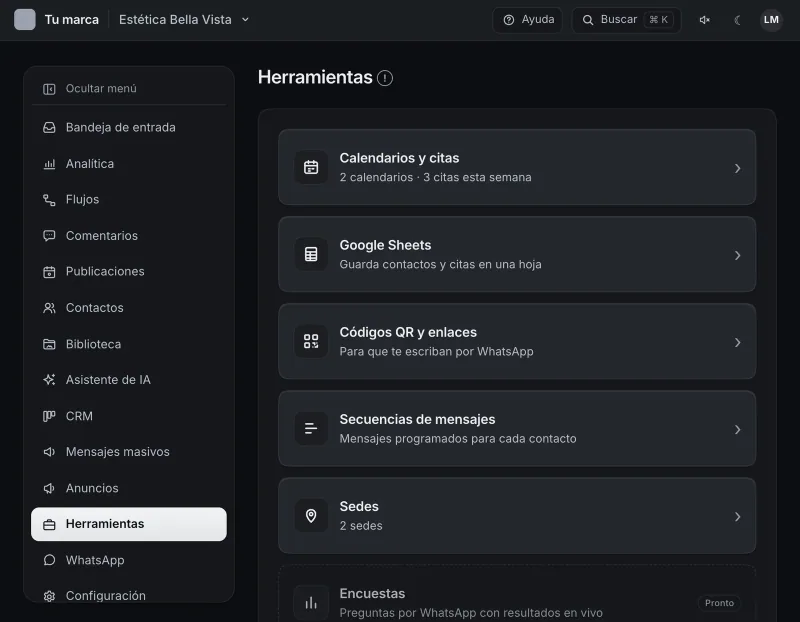 Pantalla «Herramientas». Señalado con el número 1: la tarjeta «Calendarios y citas».