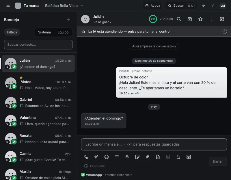 Pantalla «Bandeja de entrada». Señalado con el número 1: el botón «Equipo».