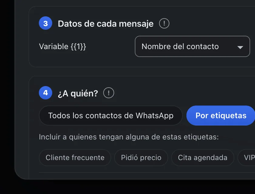 Pantalla «Mensajes masivos». Señalado con el número 7: la etiqueta «Cliente frecuente».