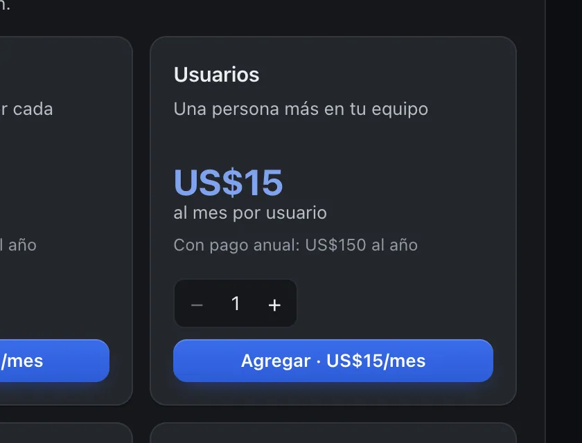 Pantalla «Plan y facturación». Señalado con el número 1: el adicional «Usuarios».