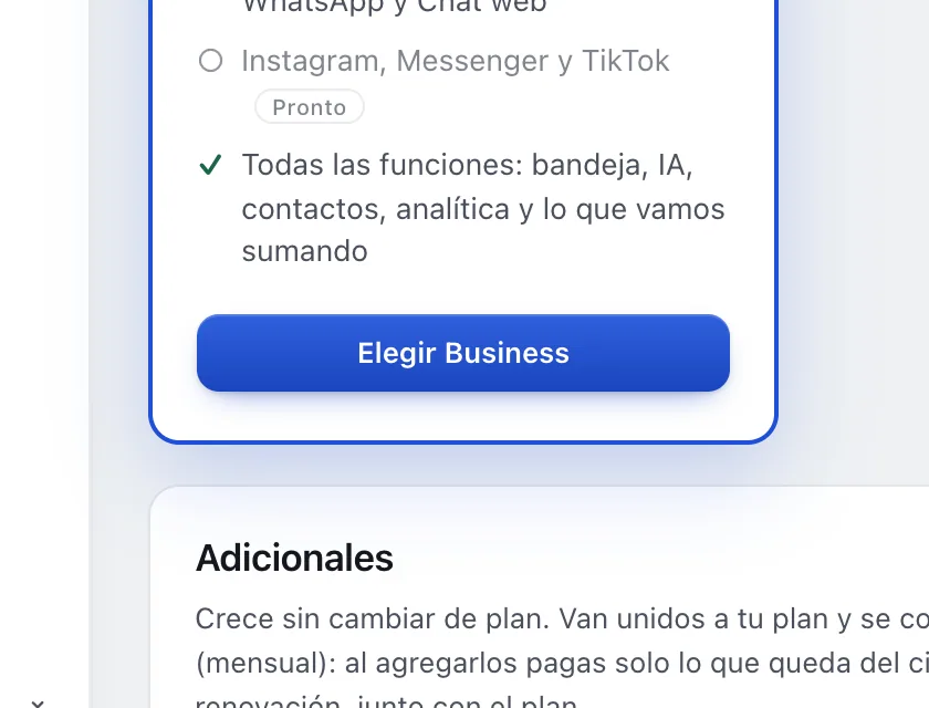 Pantalla «Plan y facturación». Señalado con el número 3: el botón del plan Business.