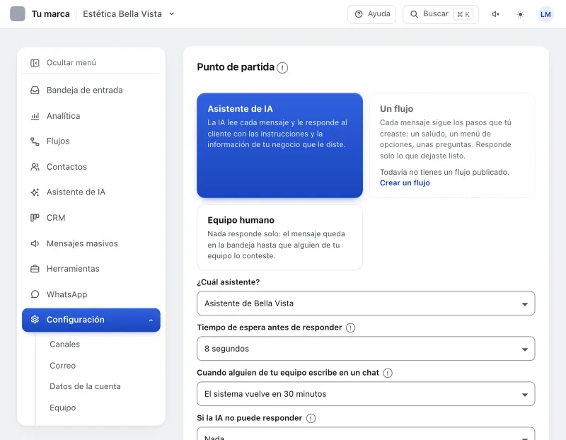 Pantalla «Configuración → Punto de partida». Señalado con el número 7: cuánto tarda en volver el sistema.