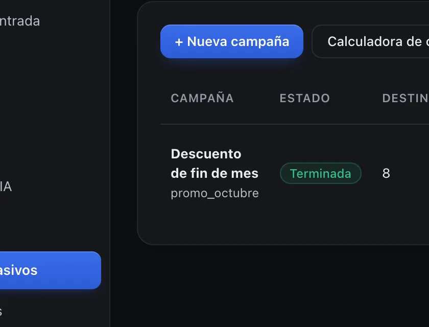 Pantalla «Mensajes masivos». Señalado con el número 1: la campaña «Descuento de fin de mes».