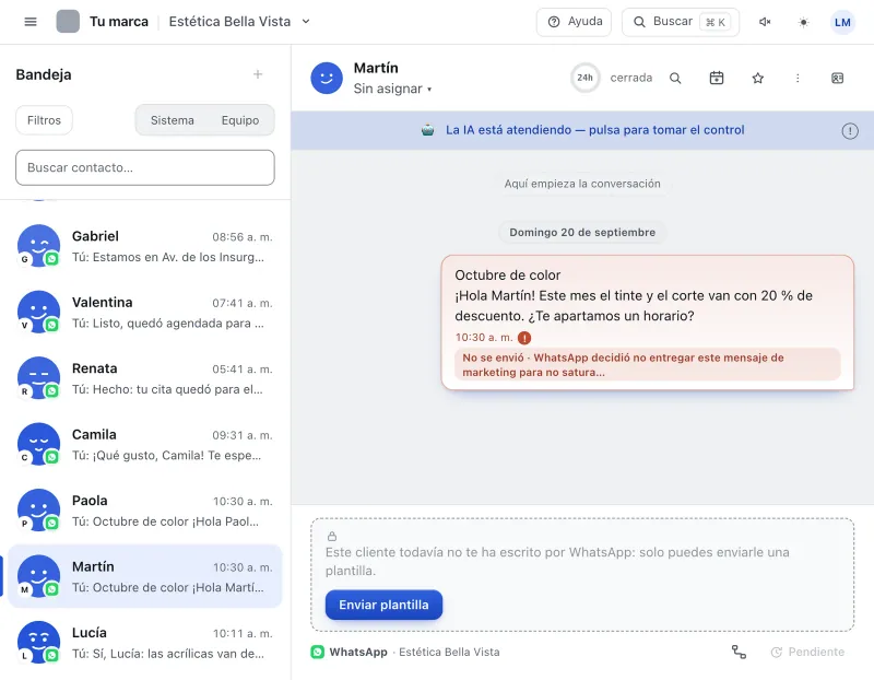 Pantalla «Bandeja de entrada». Señalado con el número 5: el motivo del envío que falló.