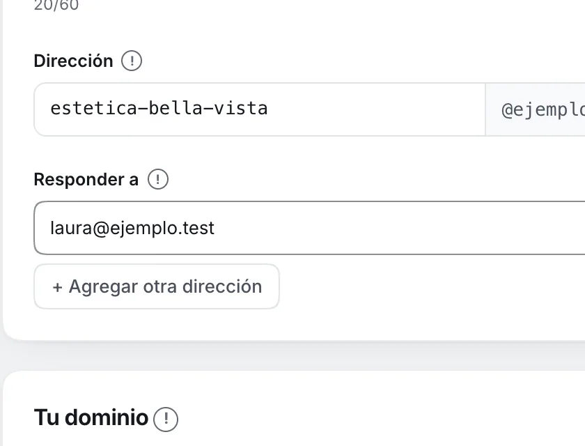 Pantalla «Configuración → Correo». Señalado con el número 3: la dirección de «Responder a».
