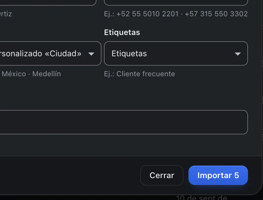Ventana «Importar contactos». Señalado con el número 7: el botón «Importar».
