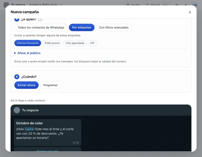 Pantalla «Mensajes masivos». Señalado con el número 8: cuándo sale la campaña.