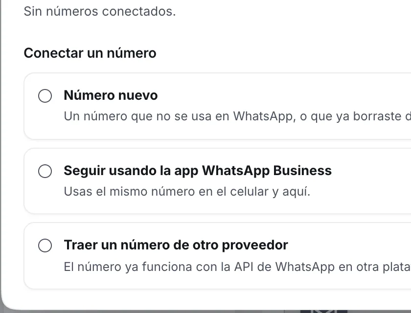 Ventana «WhatsApp». Señalado con el número 2: los caminos para conectar el número.