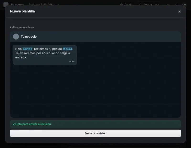 Pantalla «WhatsApp → Herramientas». Señalado con el número 8: el botón «Enviar a revisión».