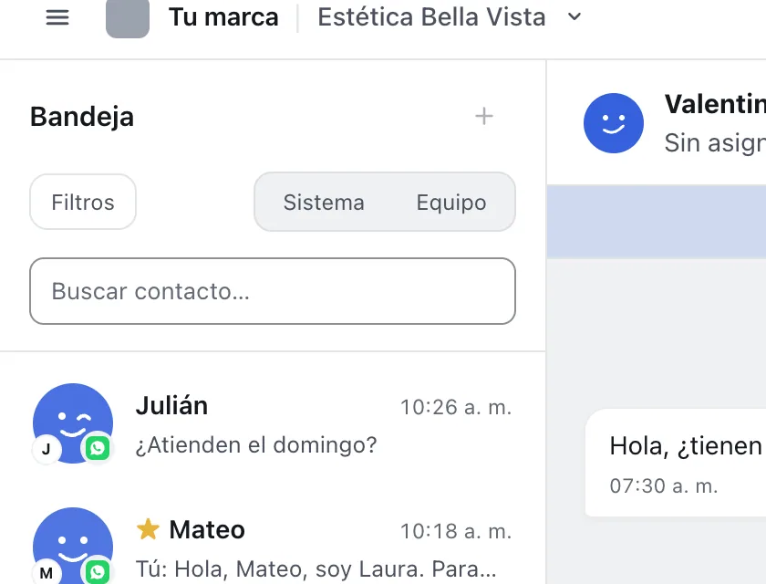 Pantalla «Bandeja de entrada». Señalado con el número 3: la caja para buscar un contacto.