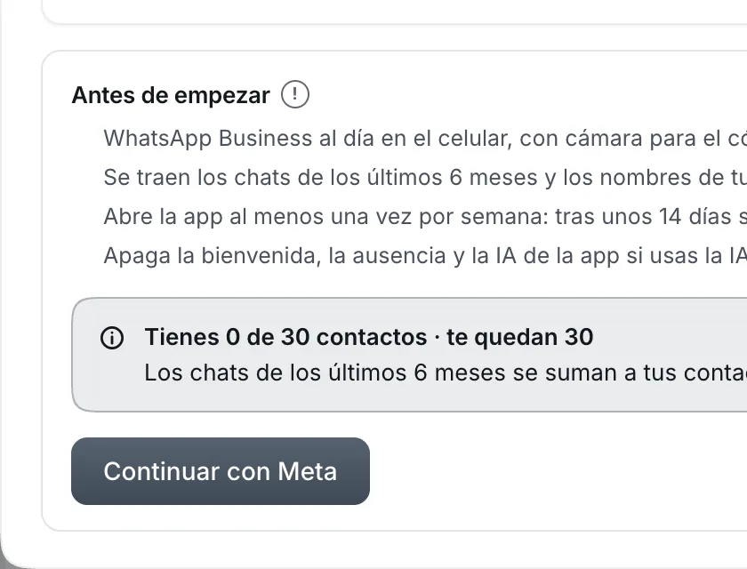 Ventana «WhatsApp». Señalado con el número 3: el botón «Continuar con Meta».