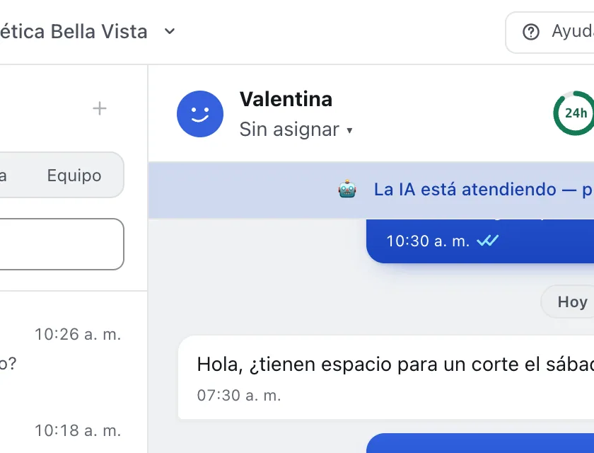 Pantalla «Bandeja de entrada». Señalado con el número 2: quién atiende el chat.