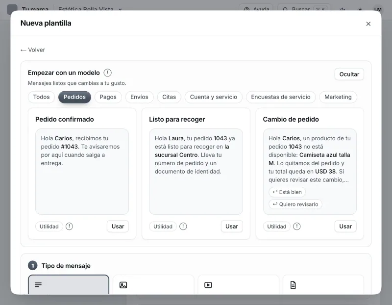 Pantalla «WhatsApp → Herramientas». Señalado con el número 5: los modelos de plantillas.