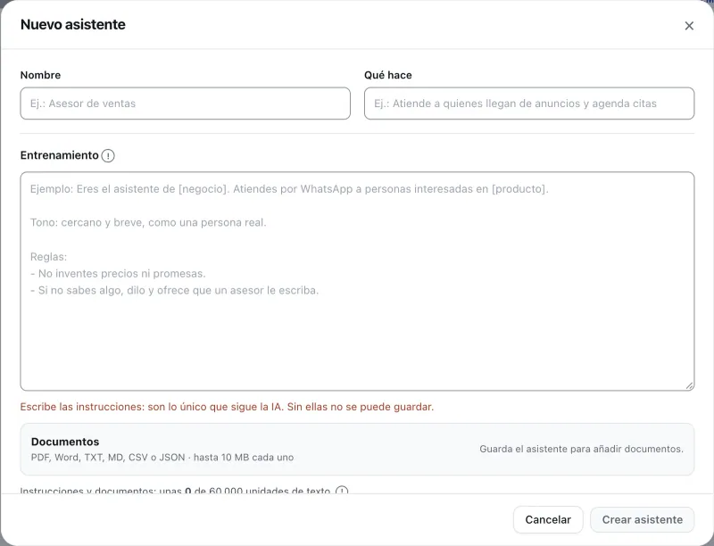 Ventana «Configurar asistente». Señalado con el número 2: el nombre del asistente.