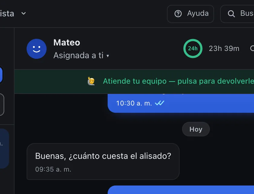 Pantalla «Bandeja de entrada». Señalado con el número 3: la banda de quién atiende.