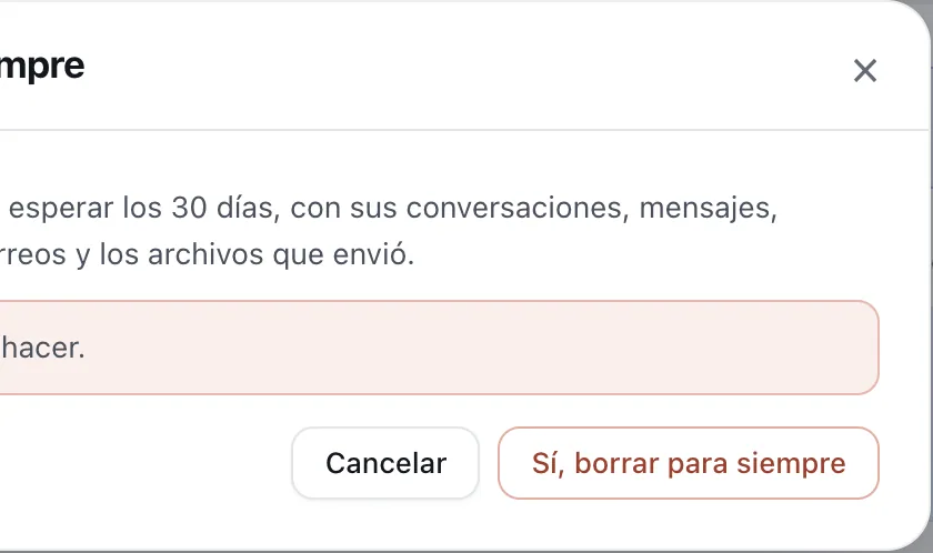 Ventana «Borrar para siempre». Señalado con el número 5: el botón «Sí, borrar para siempre».