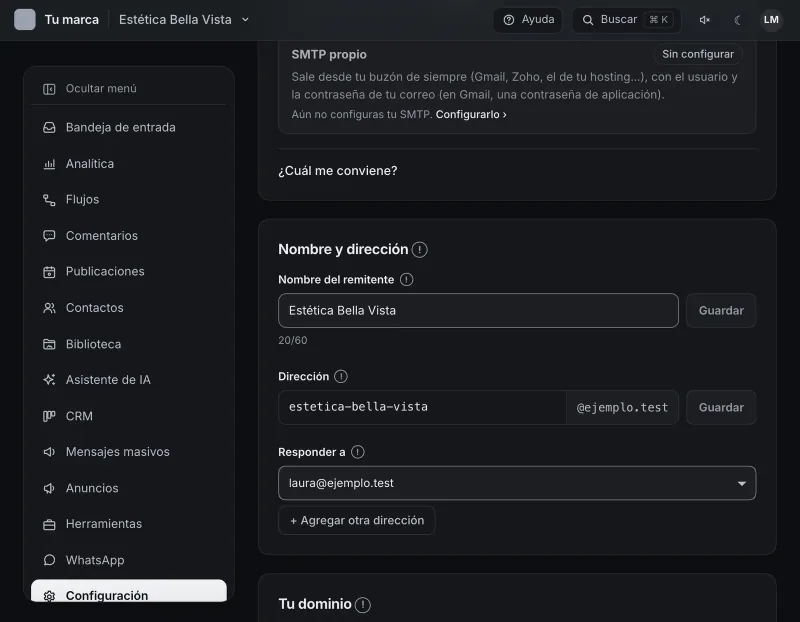 Pantalla «Configuración → Correo». Señalado con el número 2: el botón «Nombre del remitente».