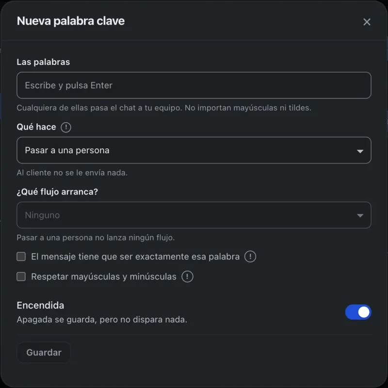 Ventana «Nueva palabra clave». Señalado con el número 2: la caja de las palabras.