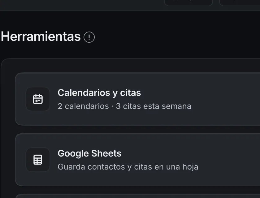 Pantalla «Herramientas». Señalado con el número 1: la tarjeta «Calendarios y citas».
