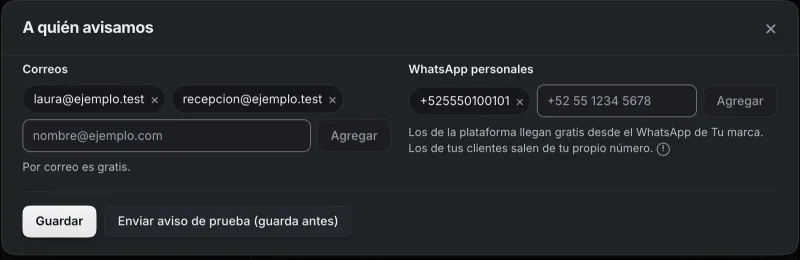 Ventana «A quién avisamos». Señalado con el número 4: los botones para guardar y para el aviso de prueba.