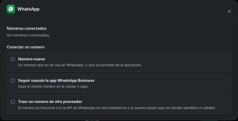Ventana «WhatsApp». Señalado con el número 2: los caminos para conectar el número.