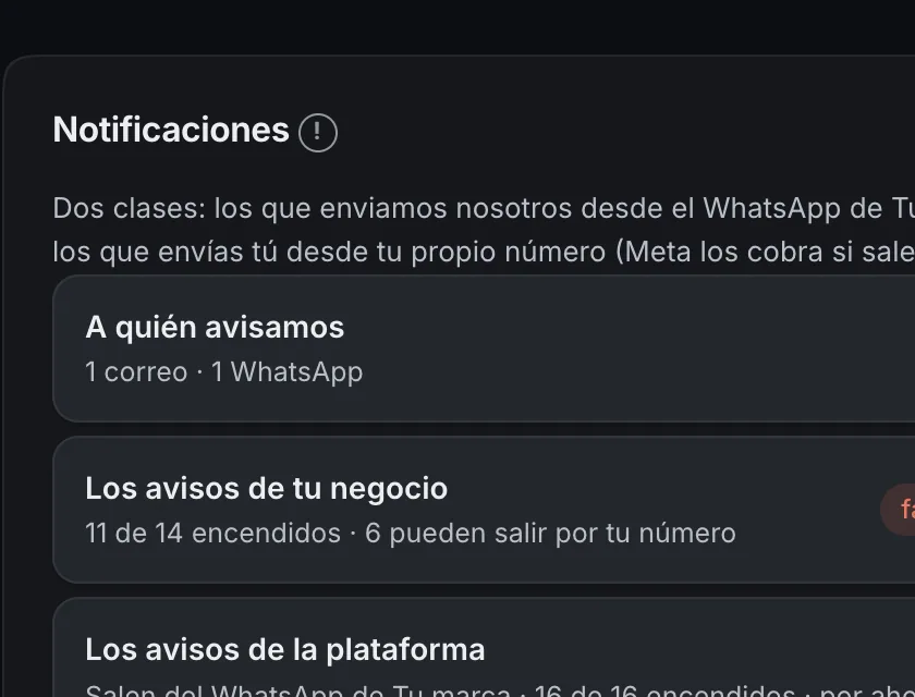 Pantalla «Configuración → Notificaciones». Señalado con el número 1: la fila «A quién avisamos».