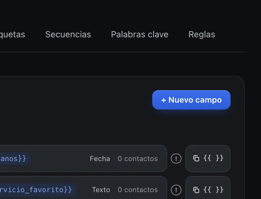 Pantalla «Flujos → Campos». Señalado con el número 1: el botón «+ Nuevo campo».