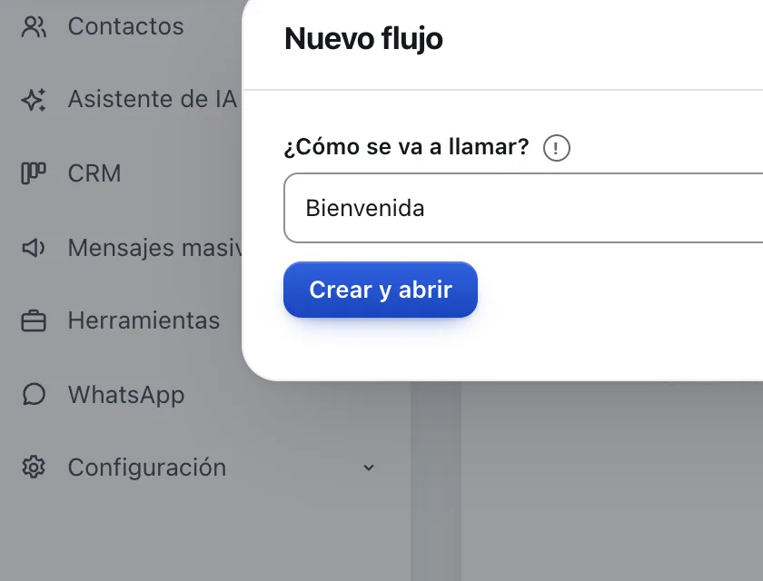 Pantalla «Flujos». Señalado con el número 3: el botón «Crear y abrir».
