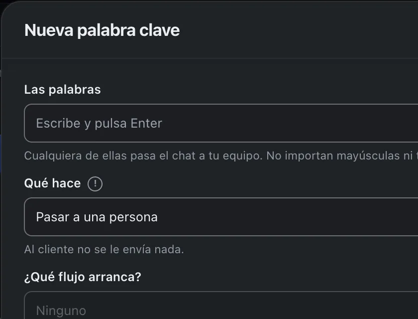 Ventana «Nueva palabra clave». Señalado con el número 2: la caja de las palabras.
