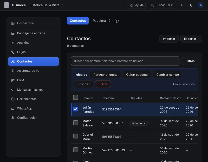 Pantalla «Contactos». Señalado con el número 5: el botón «Agregar etiqueta».
