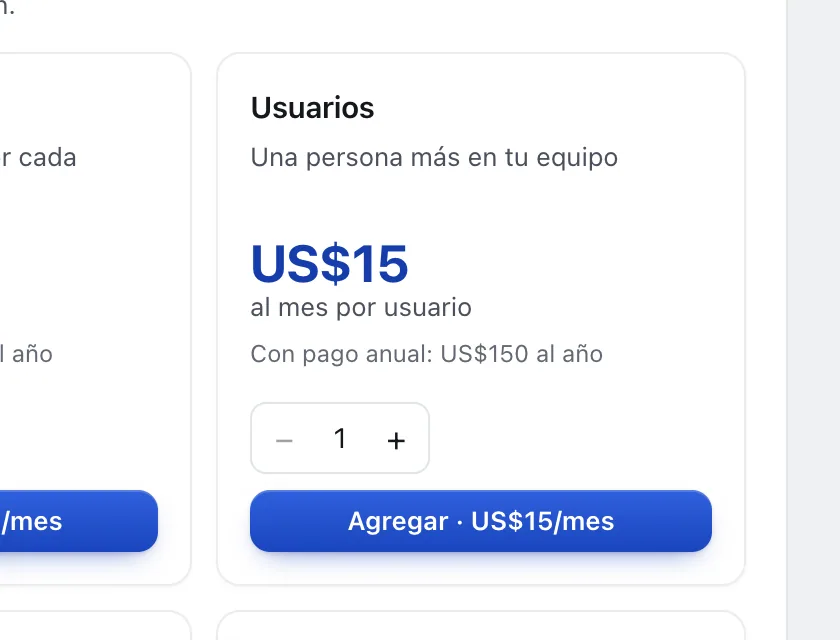 Pantalla «Plan y facturación». Señalado con el número 1: el adicional «Usuarios».