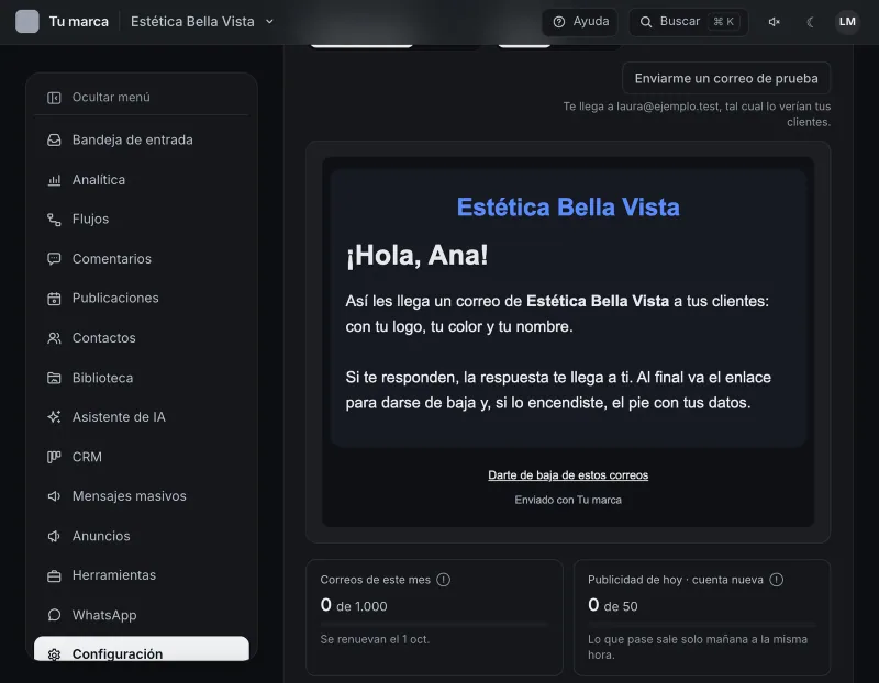 Pantalla «Configuración → Correo». Señalado con el número 1: la vista previa del correo.