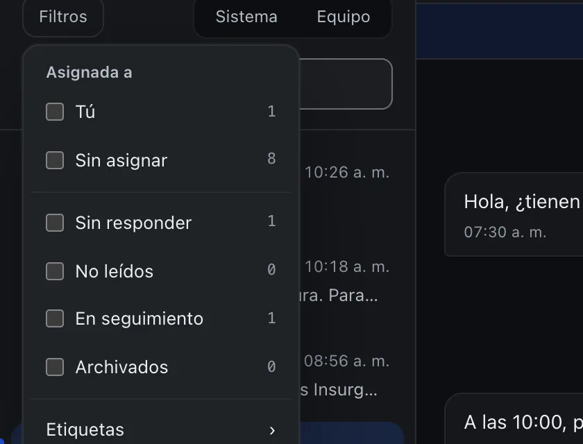 Pantalla «Bandeja de entrada». Señalado con el número 6: el filtro «Sin responder».