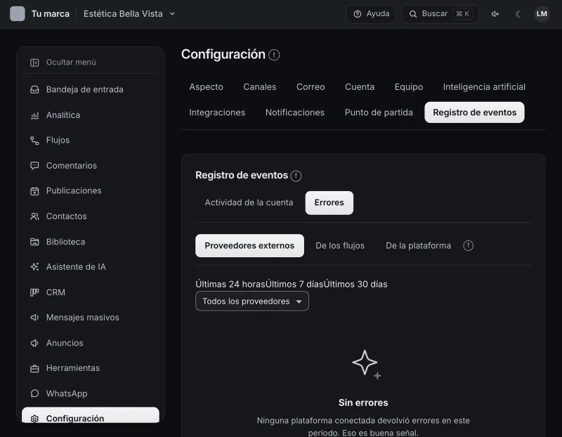 Pantalla «Configuración → Registro de eventos». Señalado con el número 5: el botón «De la plataforma».