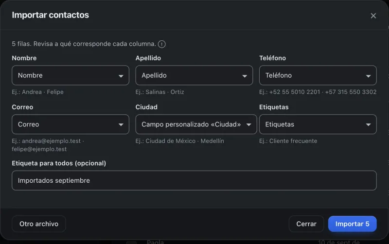 Ventana «Importar contactos». Señalado con el número 7: el botón «Importar».