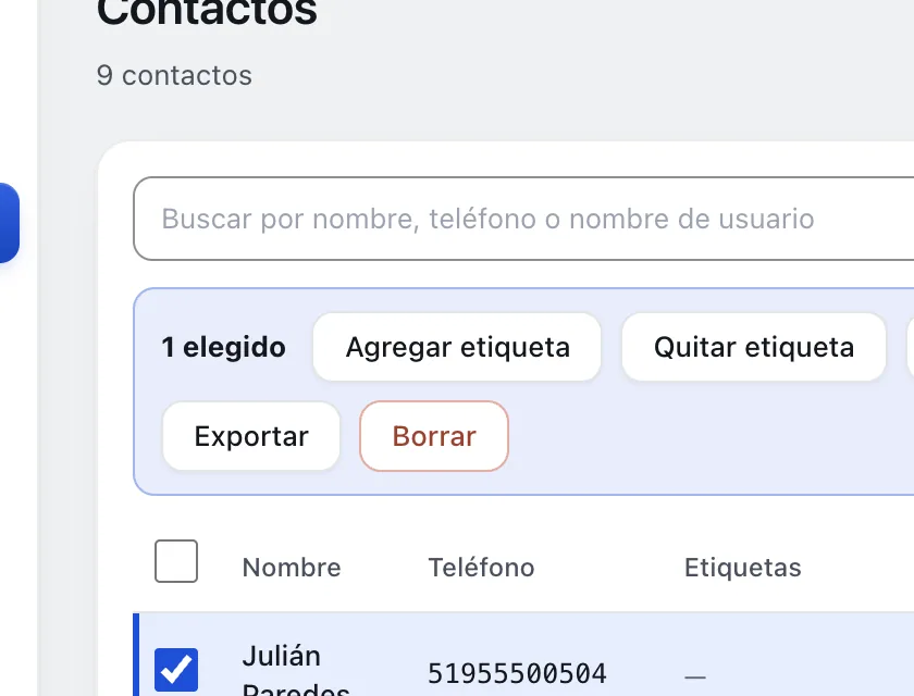 Pantalla «Contactos». Señalado con el número 5: el botón «Agregar etiqueta».