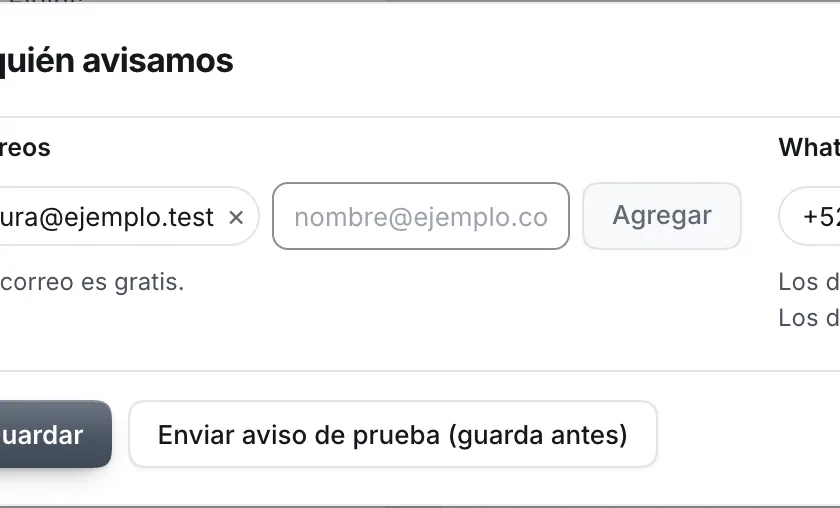Ventana «A quién avisamos». Señalado con el número 2: la caja para un correo.