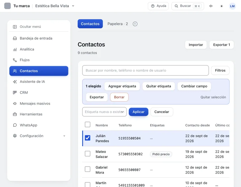 Pantalla «Contactos». Señalado con el número 6: la caja de la etiqueta.