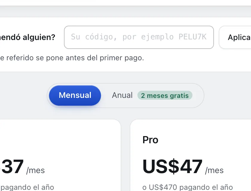 Pantalla «Plan y facturación». Señalado con el número 2: la forma de pago.