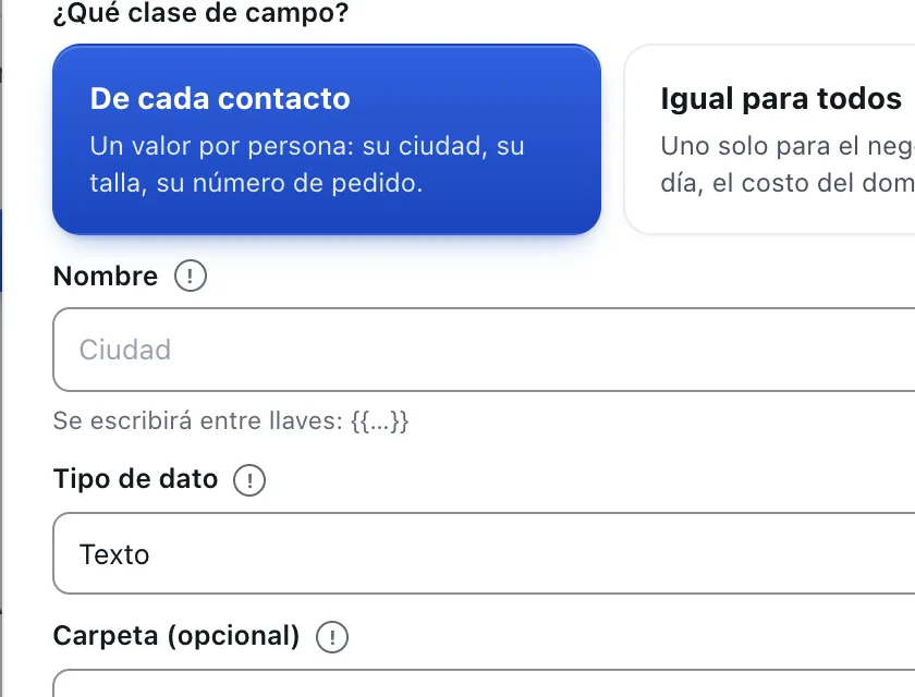 Ventana «Nuevo campo». Señalado con el número 2: el nombre del campo.