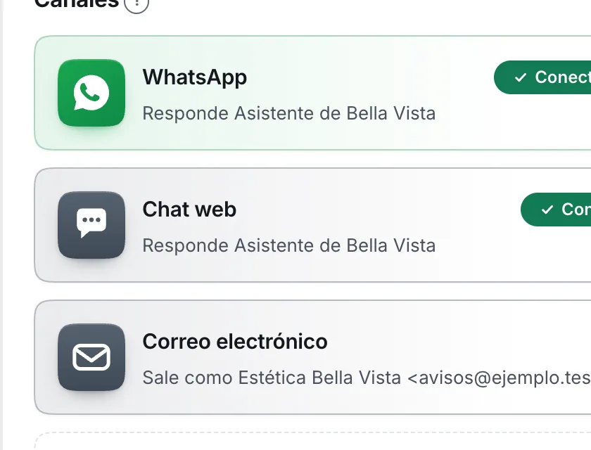 Pantalla «Configuración → Canales». Señalado con el número 1: la fila «Chat web».