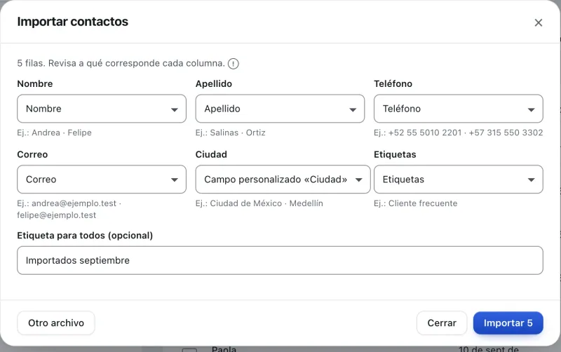 Ventana «Importar contactos». Señalado con el número 7: el botón «Importar».