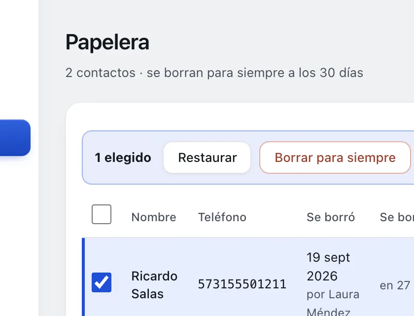 Pantalla «Contactos → Papelera». Señalado con el número 3: el botón «Restaurar».