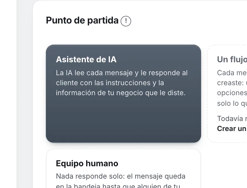 Pantalla «Configuración → Punto de partida». Señalado con el número 1: la opción «Asistente de IA».