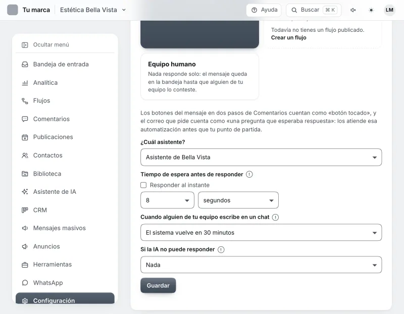 Pantalla «Configuración → Punto de partida». Señalado con el número 2: el desplegable «¿Cuál asistente?».