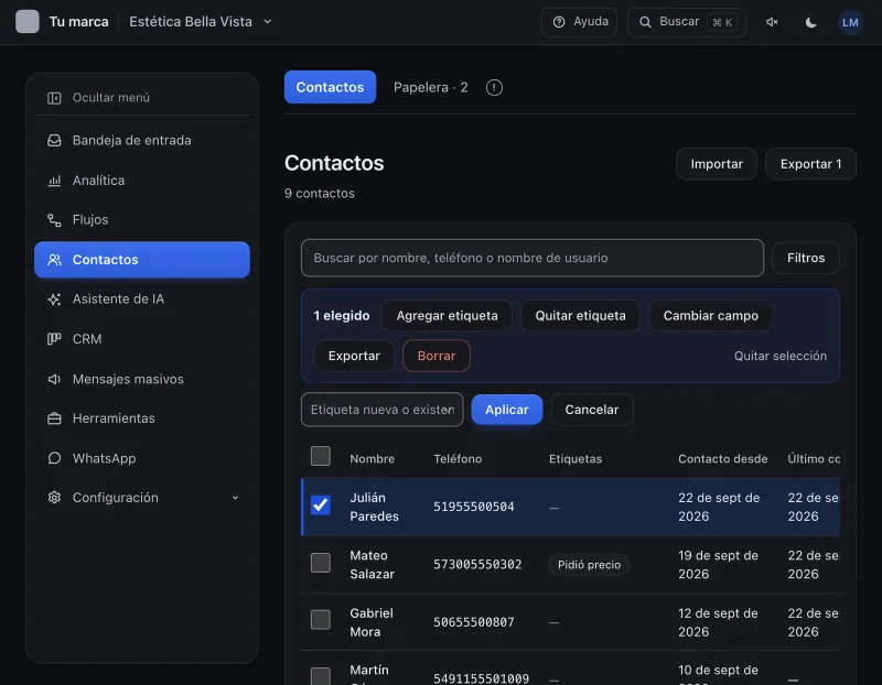 Pantalla «Contactos». Señalado con el número 6: la caja de la etiqueta.